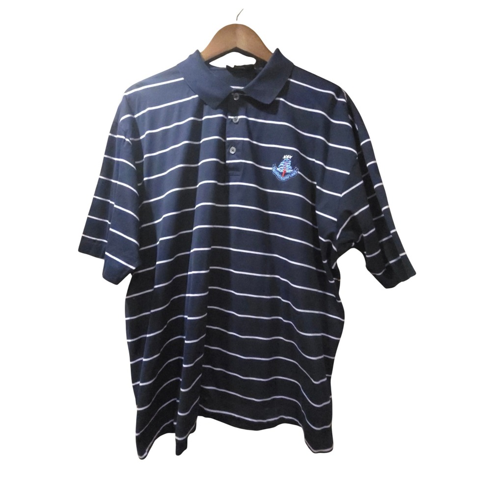 Marbas Carnoustie Golf Links Polo Shirt Mens Navy Blue Striped Cotton L/XL EUC